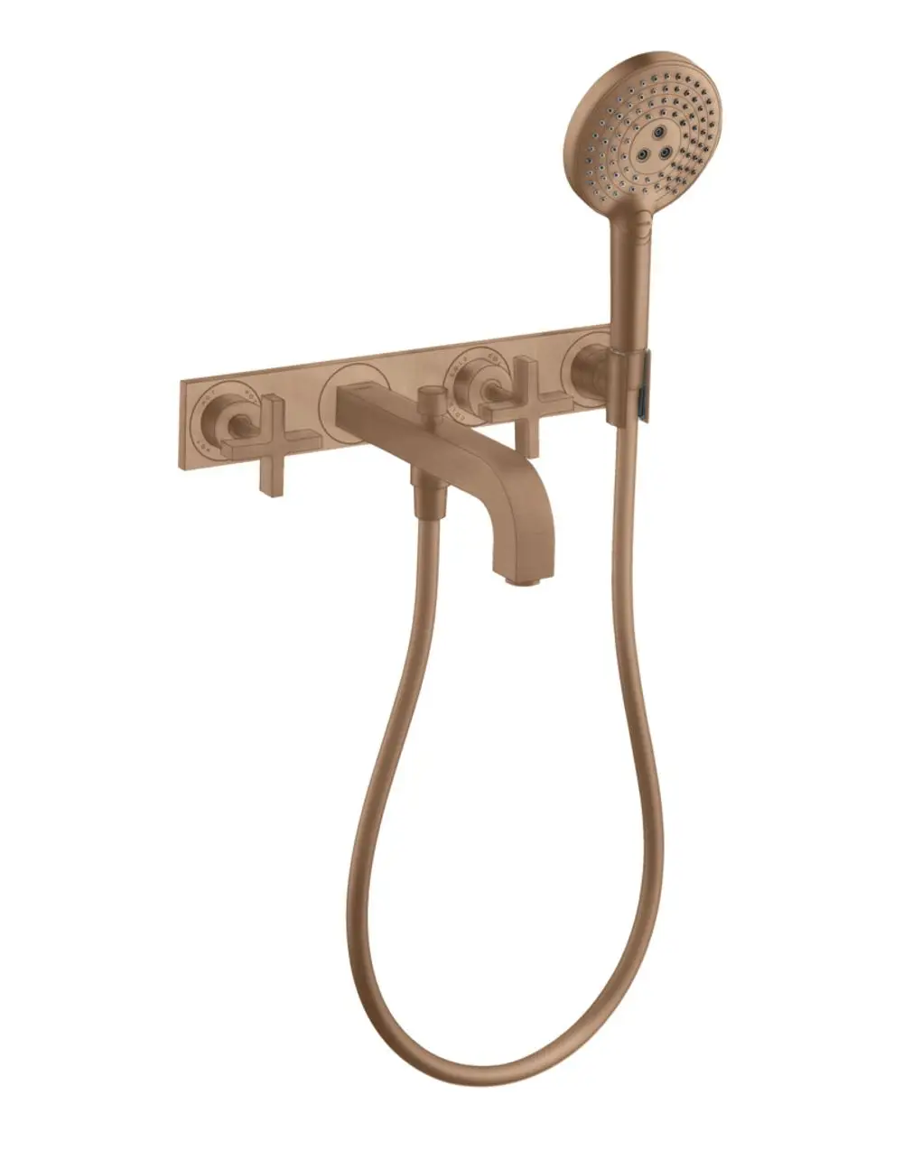 Wannenarmatur zur Wandmontage mit drei Bedienelementen und Handbrause in gebürstetem Rotgold, hergestellt von AXOR.